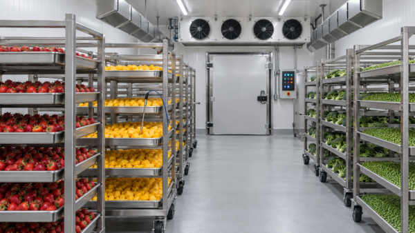 Blast Freezer for Fruits and Vegetables with separate trays of prepared berries, mango cubes and blanched vegetables